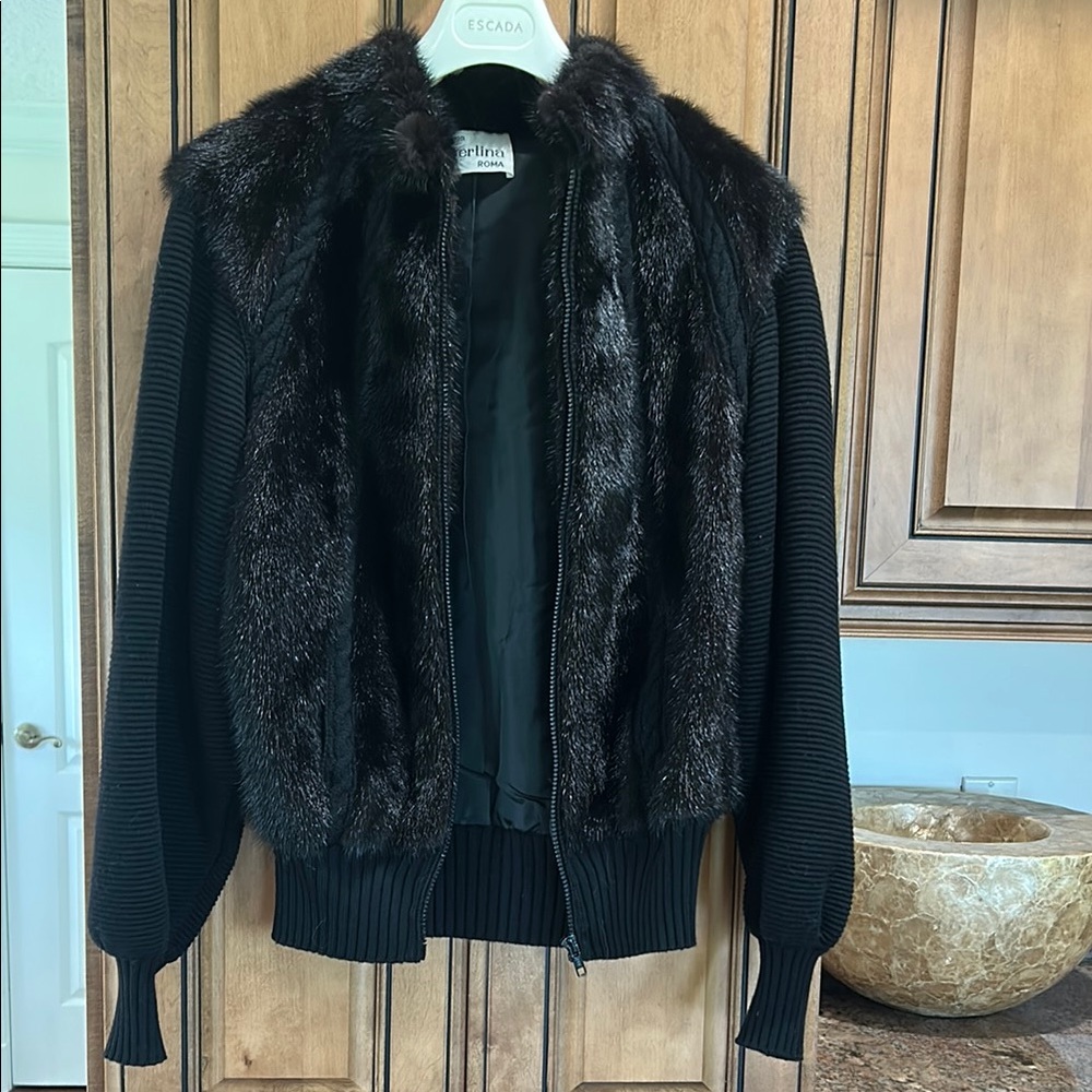 Vintage Creation Albertina Roma Black Knit & Fur-Trimmed Bomber Jacket